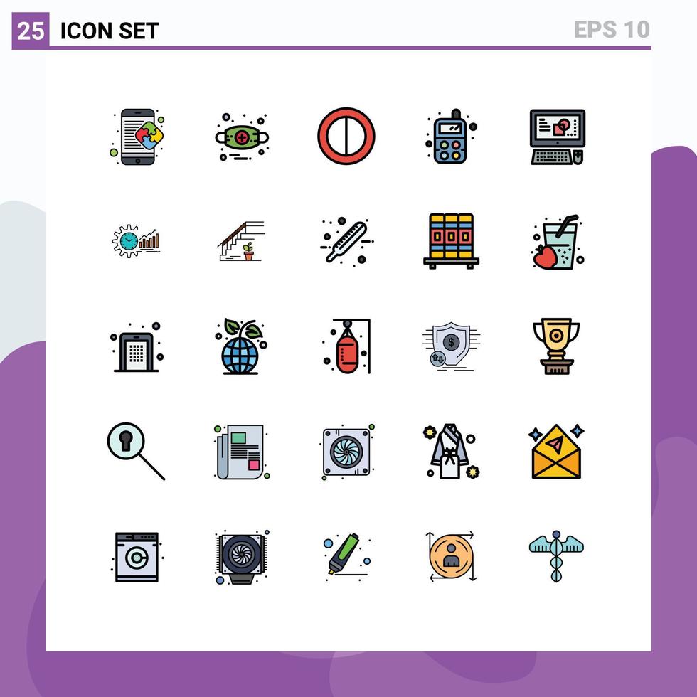 paquete de línea de vector editable de 25 colores planos de línea rellena simple de máscara de teclado de proceso elementos de diseño de vector editable de radio de computadora