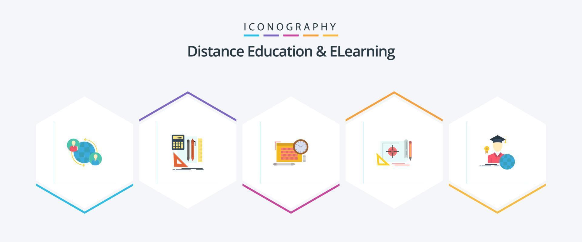 Distance Education And Elearning 25 Flat icon pack including target. file target. pen. file. focus vector