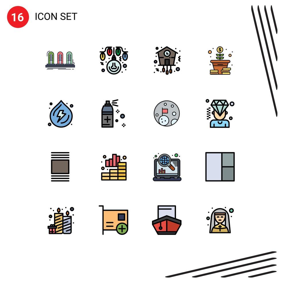 Pack of 16 Modern Flat Color Filled Lines Signs and Symbols for Web Print Media such as coins money lights growth timepiece Editable Creative Vector Design Elements