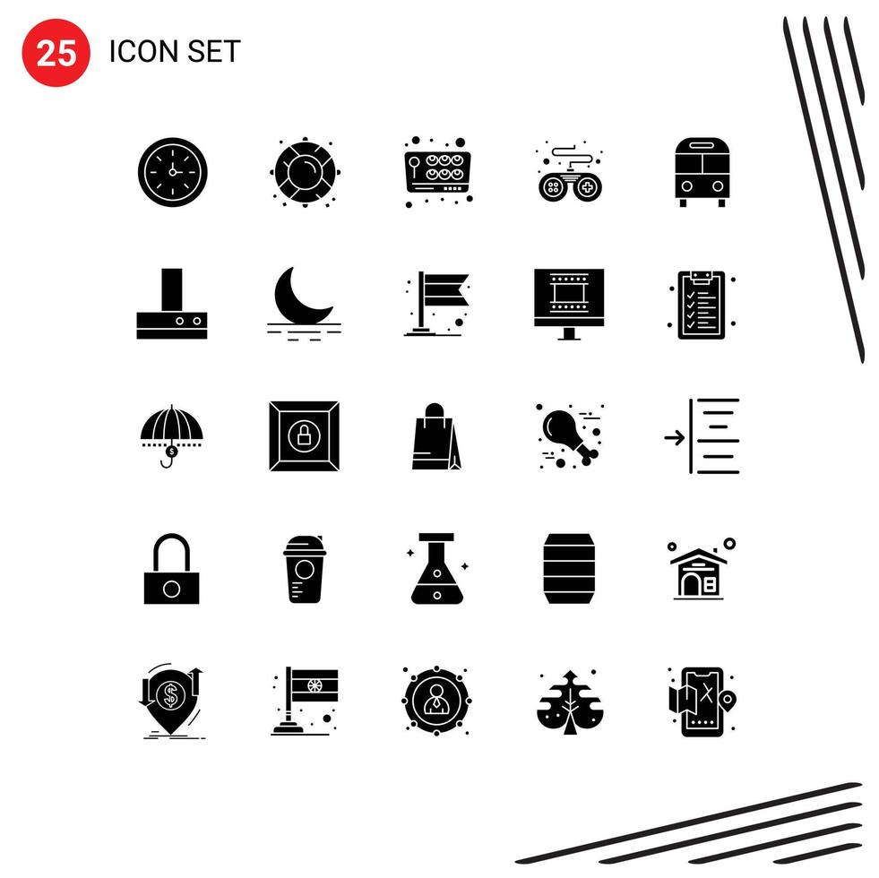 Modern Set of 25 Solid Glyphs Pictograph of deliver auto joystick game controller Editable Vector Design Elements