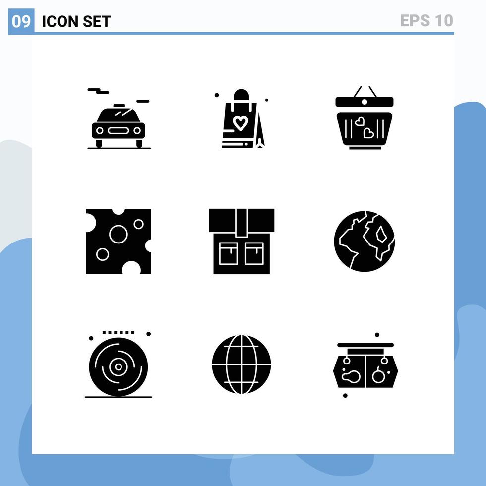 Modern Set of 9 Solid Glyphs and symbols such as globe fashion heart bag food Editable Vector Design Elements