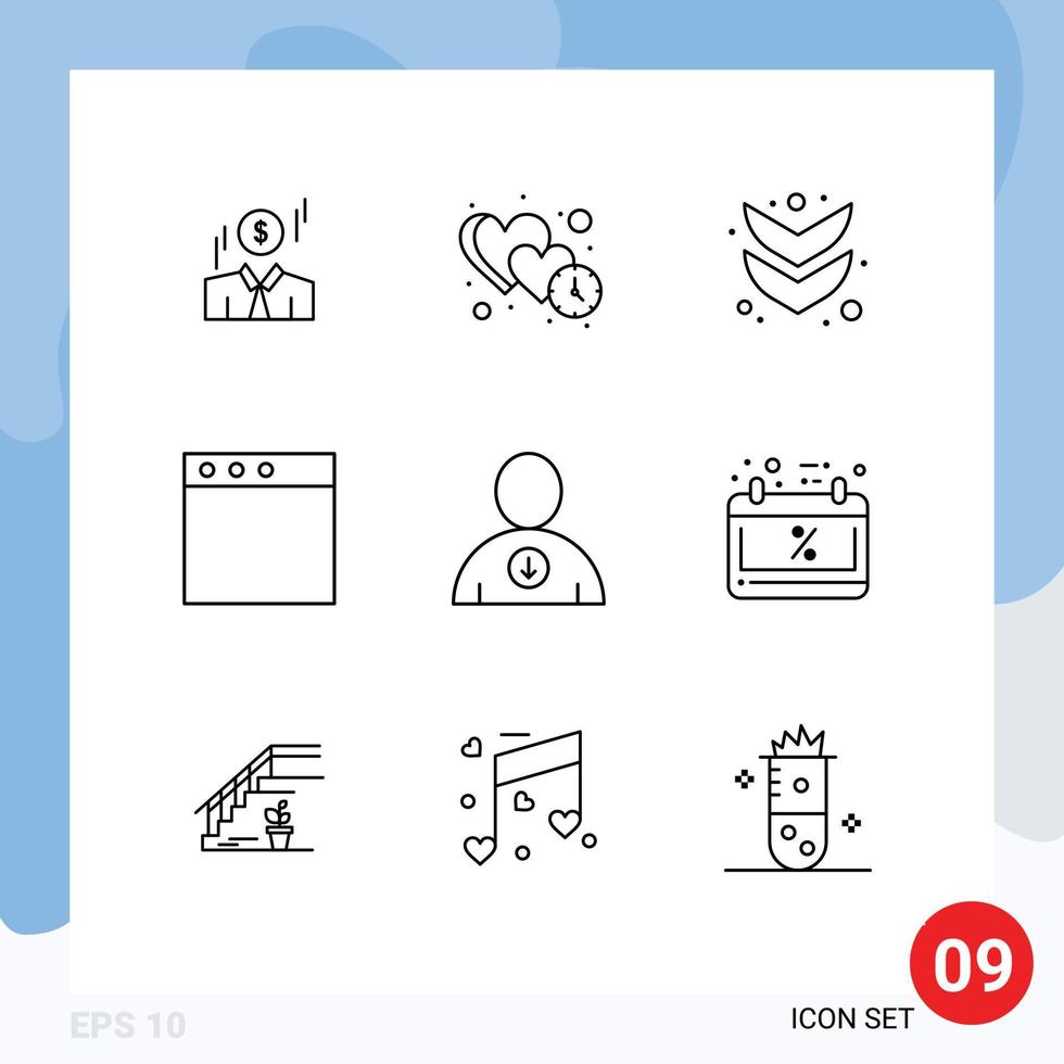 Pack of 9 Modern Outlines Signs and Symbols for Web Print Media such as user down dating window app Editable Vector Design Elements