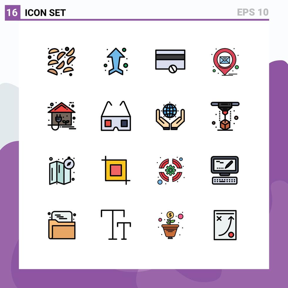 Pack of 16 Modern Flat Color Filled Lines Signs and Symbols for Web Print Media such as home energy money eco pin Editable Creative Vector Design Elements