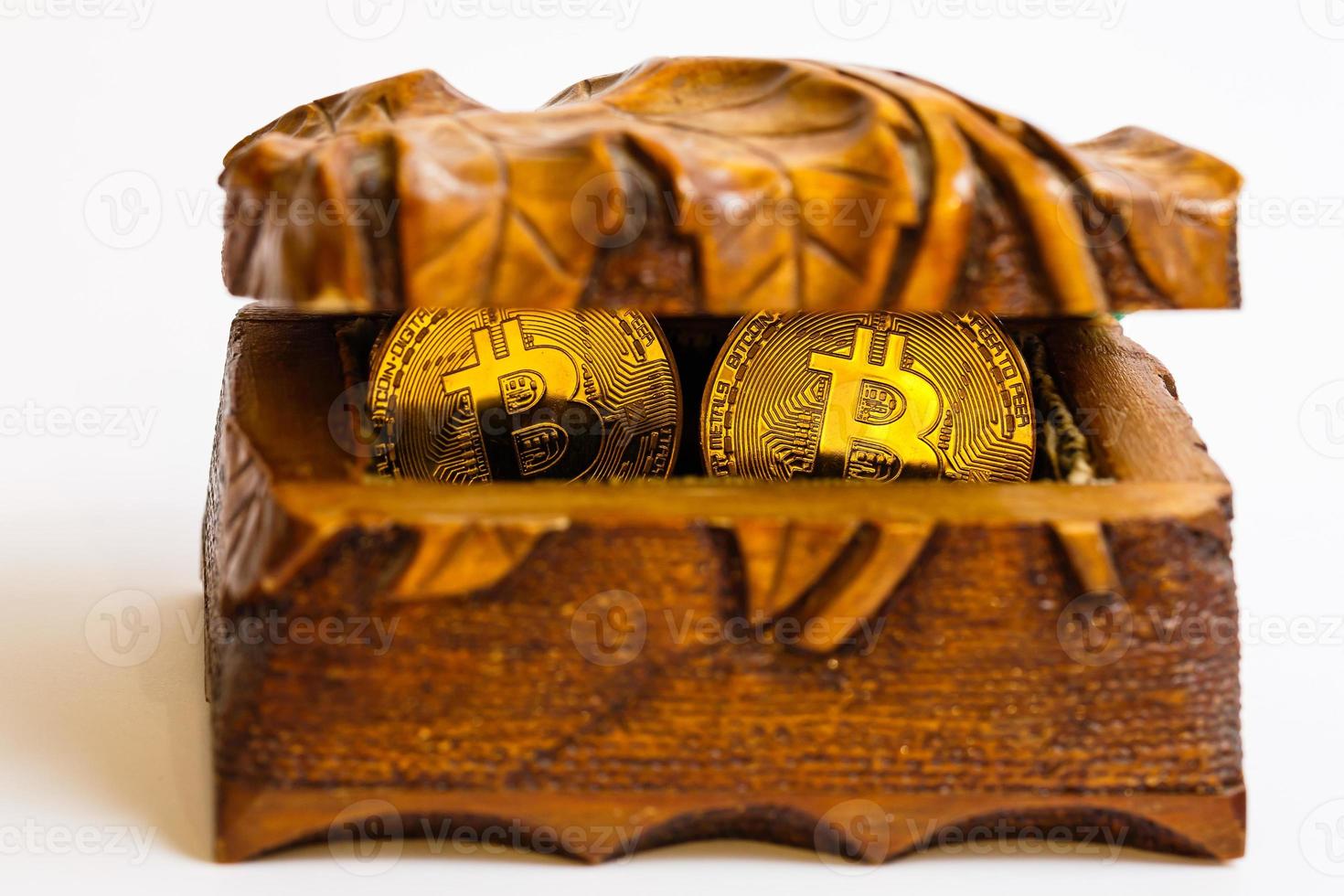 Golden bitcoin treasures crypto currency mysterious old wooden box virtual money photo