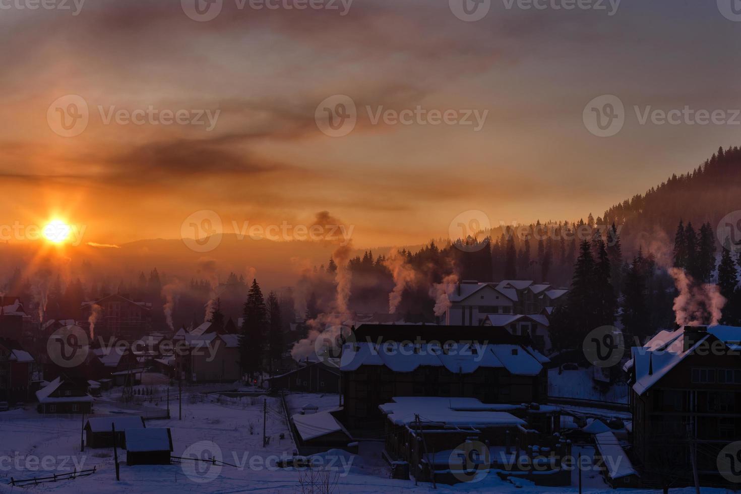 Snow house in winter dreamland at dawn in forest old weather and a lot of snow on roof photo