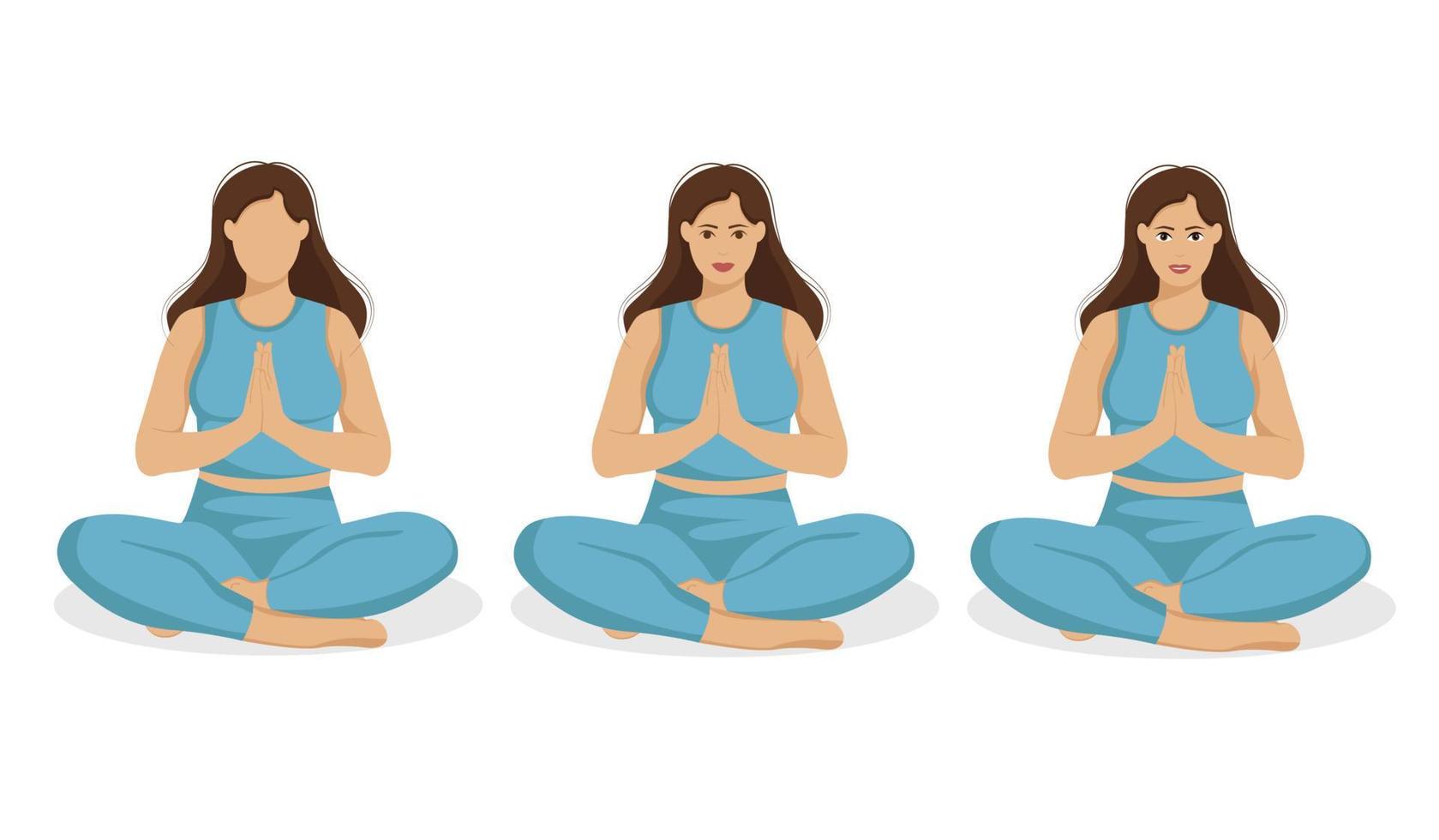 mujer en pose de yoga con estilo de cara diferente vector