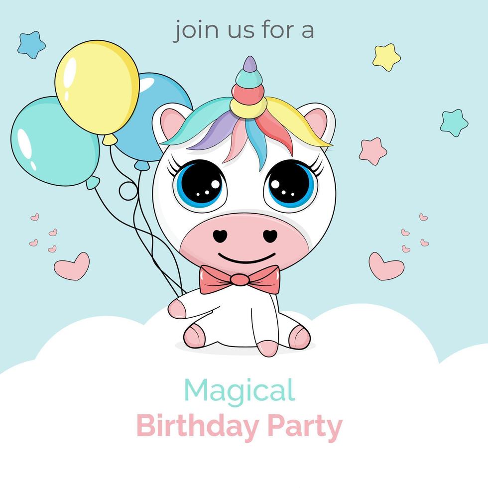 invitación de fiesta de cumpleaños con lindo unicornio sosteniendo globos de colores. vector