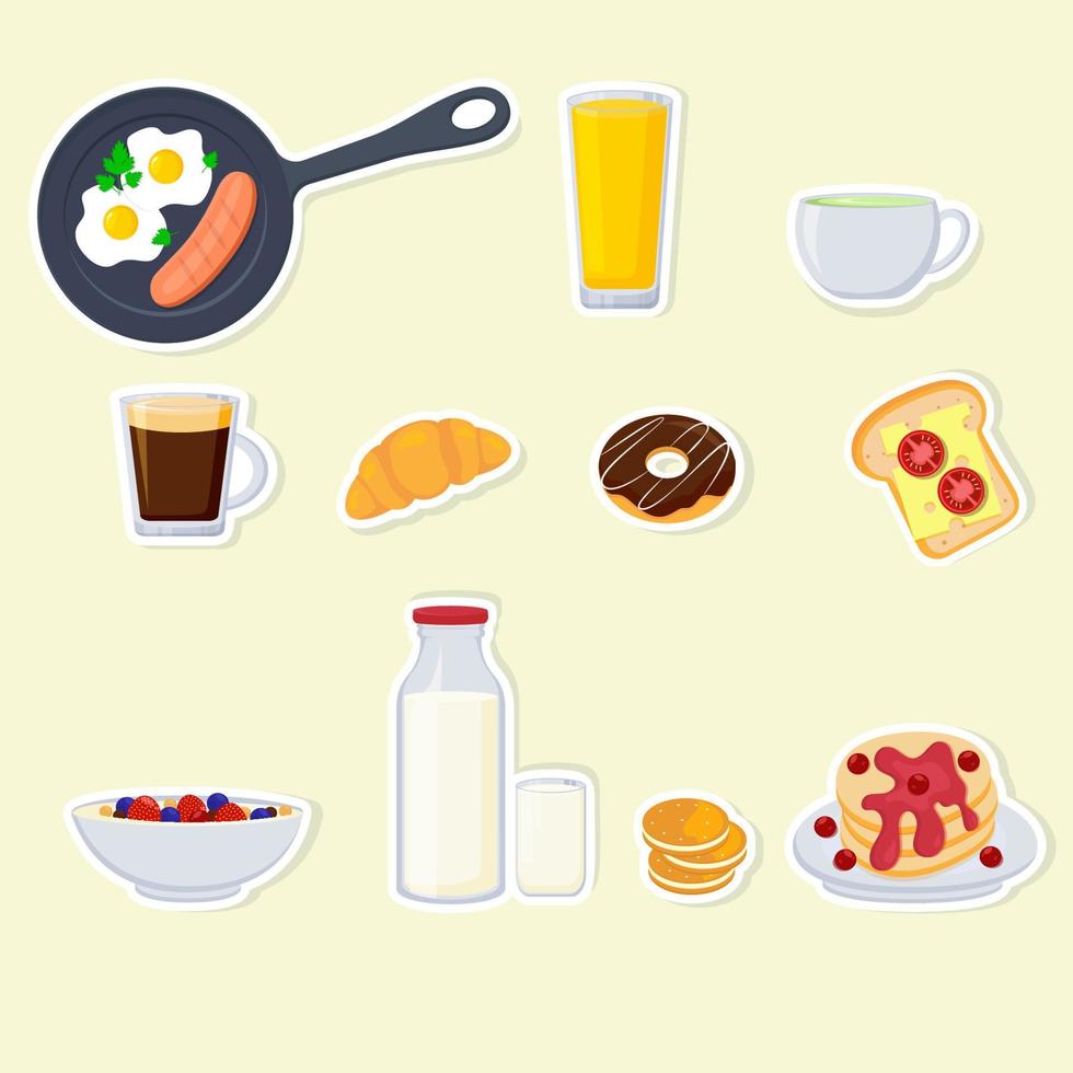 Breakfast stickers set. Vector illustration.