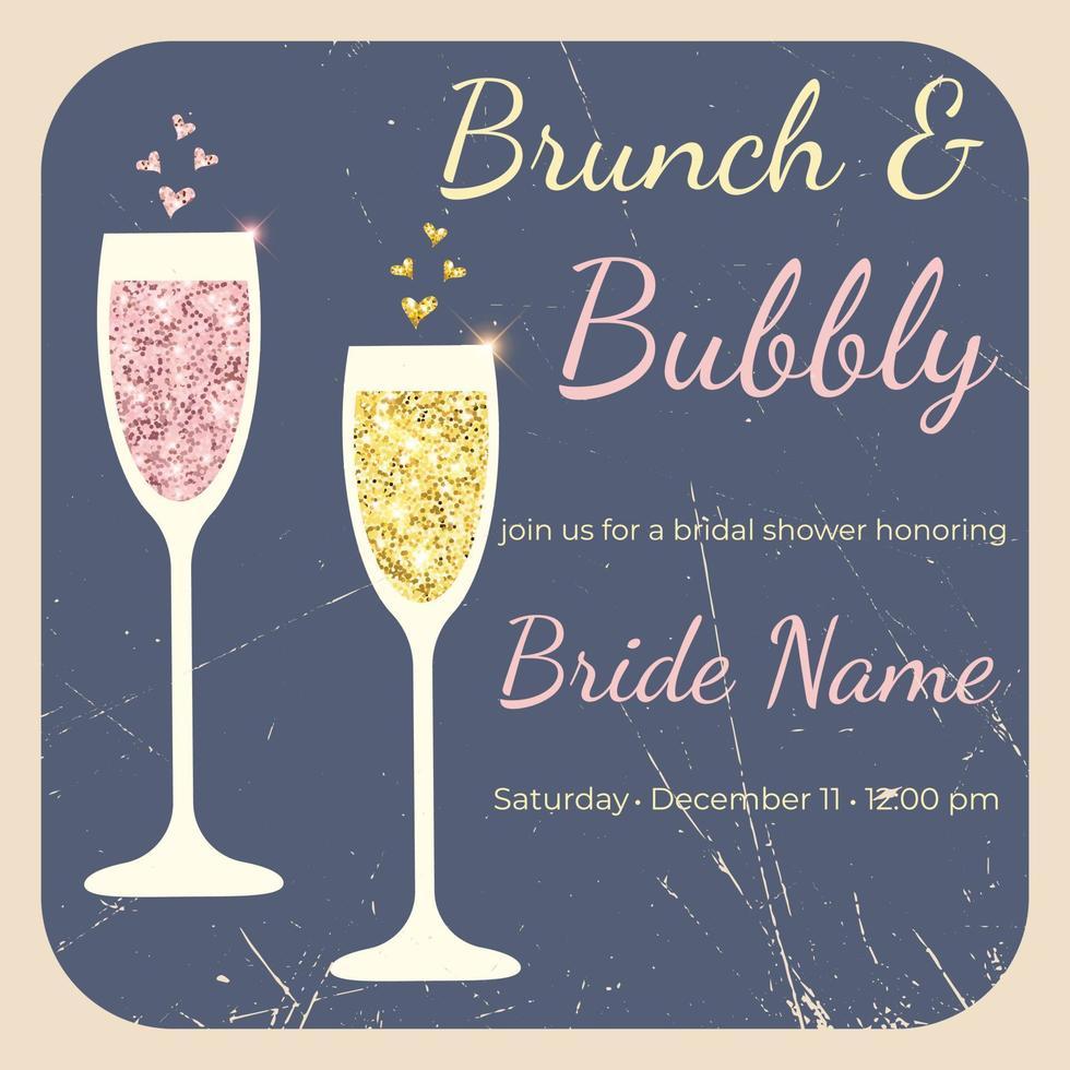 Bridal party invitation with two shiny glasses of champagne. vector