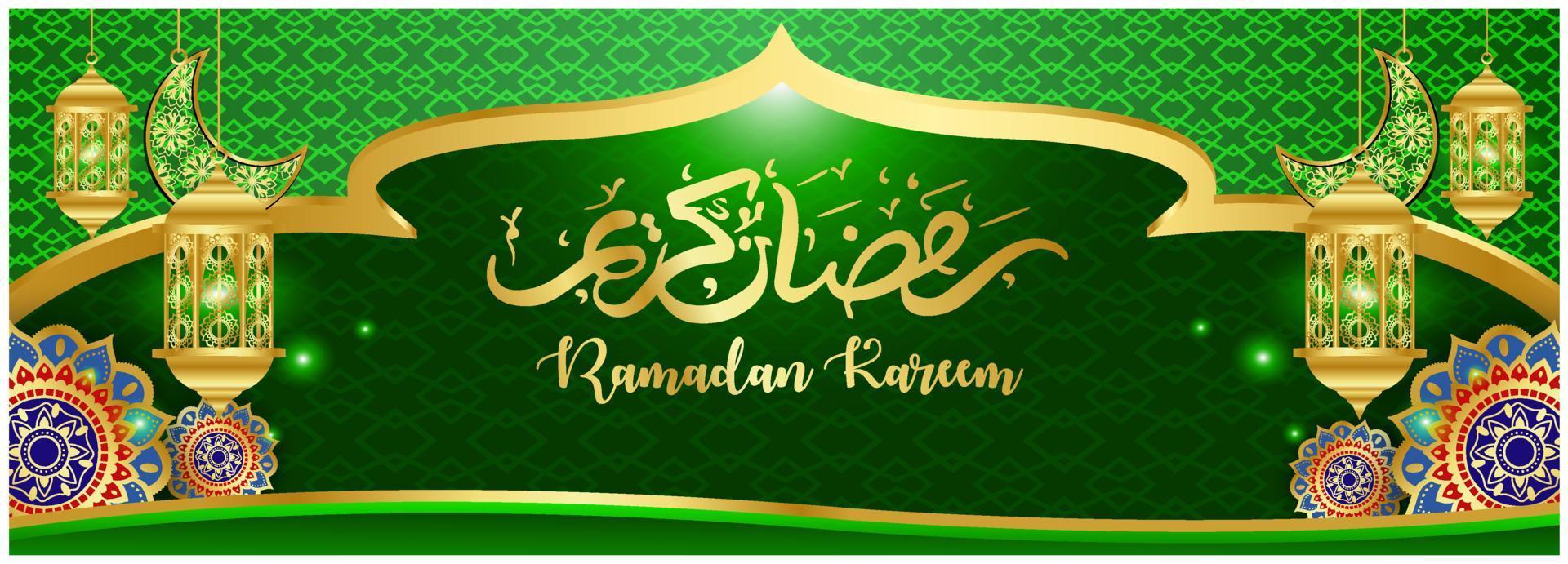 ramadan kareem concepto banner 3d marco dorado ventana árabe sobre fondo hermoso hermoso patrón árabe ilustración vectorial colgando luna creciente dorada y estrellas cortadas en papel en las nubes para texto vector