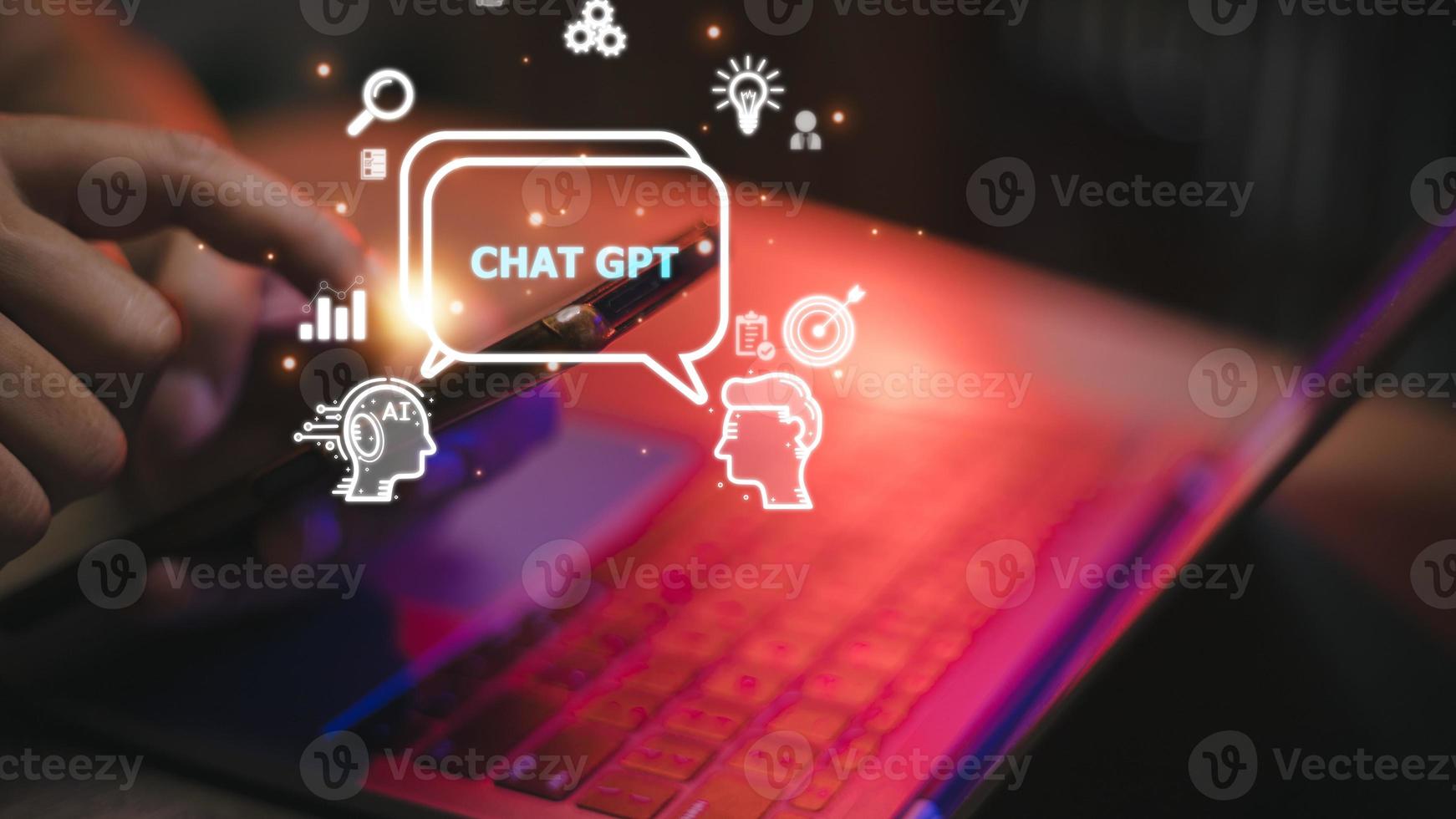 ChatGPT Chat with AI or Artificial Intelligence. woman chatting with a smart AI or artificial intelligence using an artificial intelligence chatbot developed by OpenAI. photo