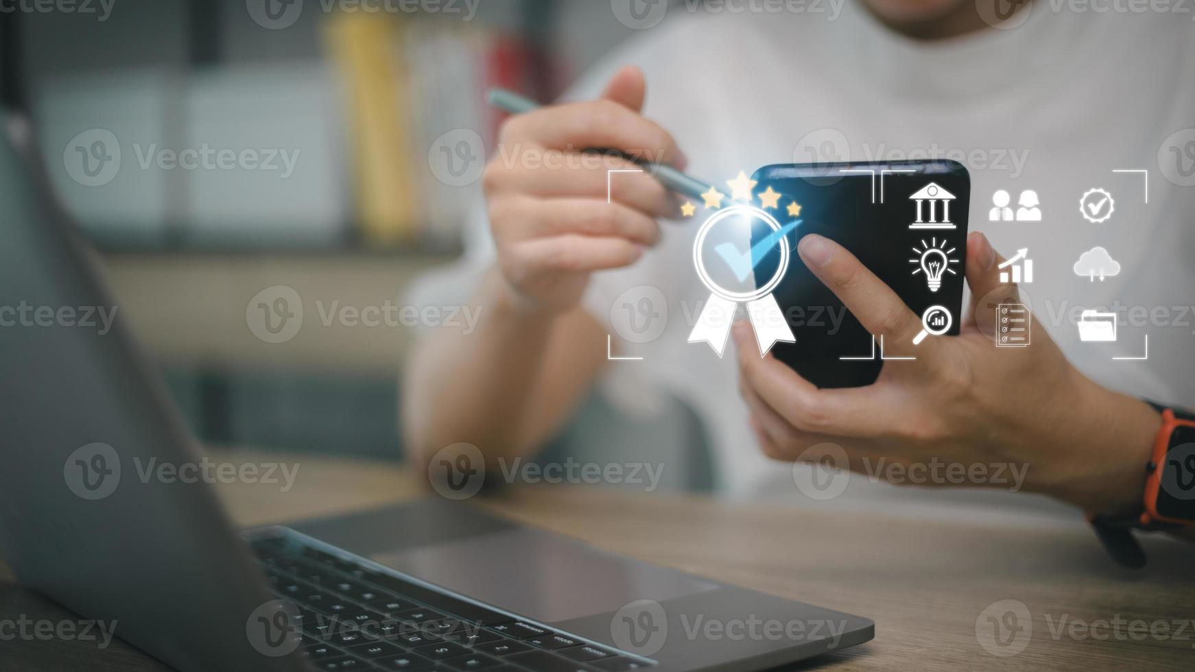 Business people working with computers and smartphones A symbol of top service ISO Certification Document Management System Quality assurance. photo