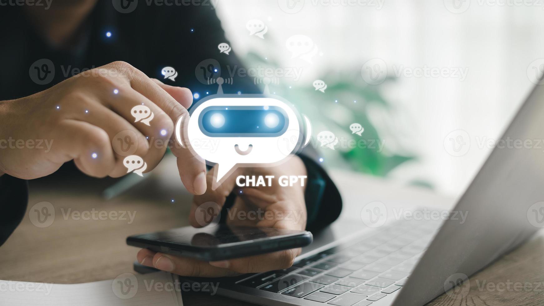 ChatGPT Chat with AI or Artificial Intelligence. man chatting with a smart AI or artificial intelligence using an artificial intelligence chatbot developed by OpenAI. photo