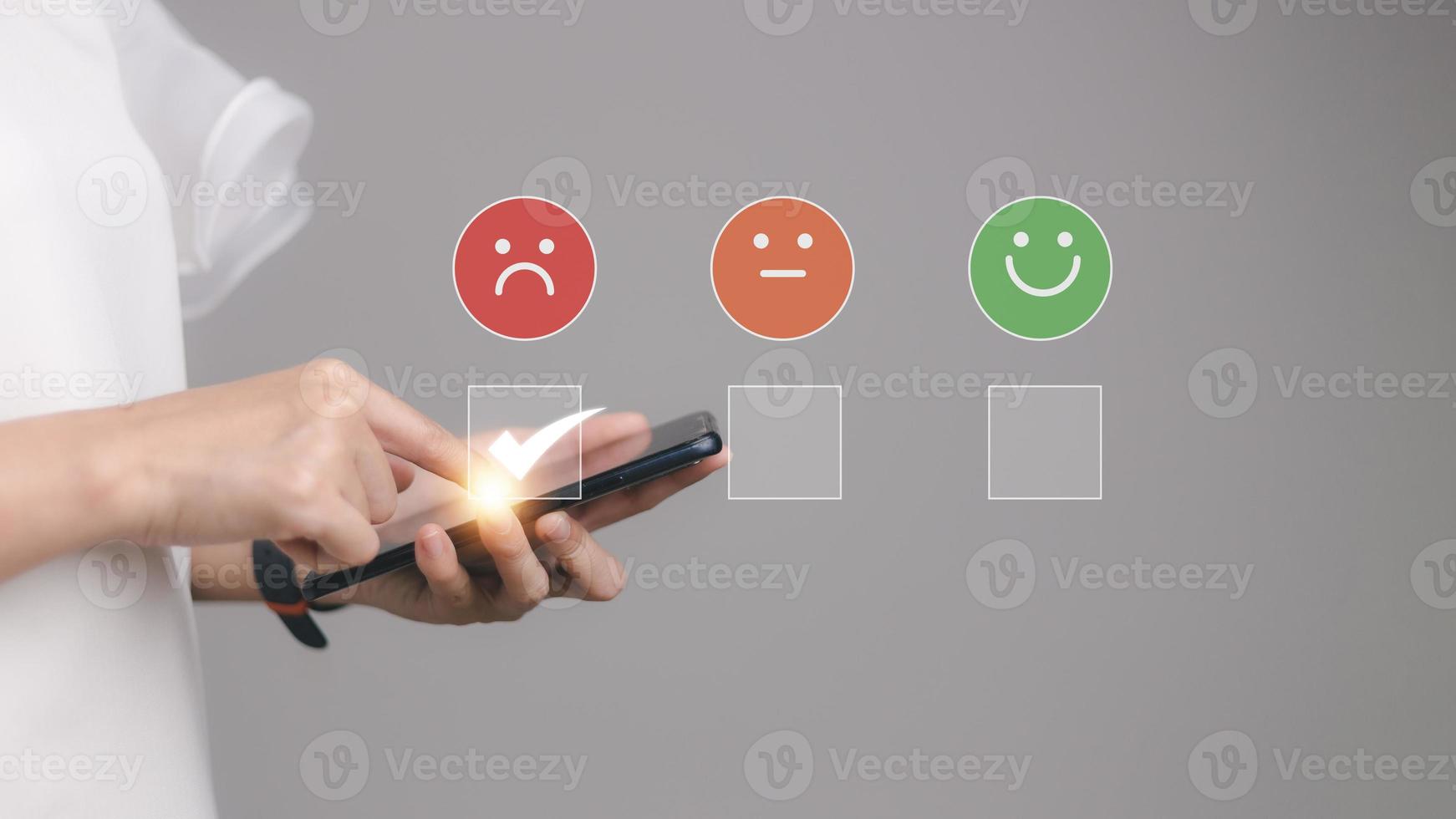 Customer Experience dissatisfied Concept, Unhappy Businessman Client with Sadness Emotion Face on smartphone screen, Bad review, bad service dislike bad quality, low rating, social media not good. photo
