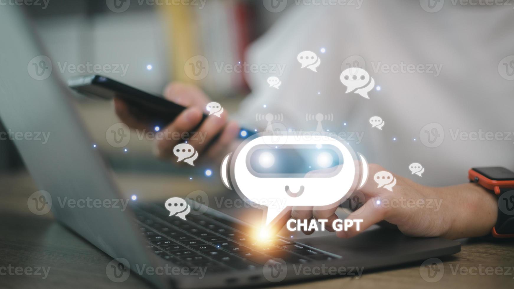 ChatGPT Chat with AI or Artificial Intelligence. woman chatting with a smart AI or artificial intelligence using an artificial intelligence chatbot developed by OpenAI. photo