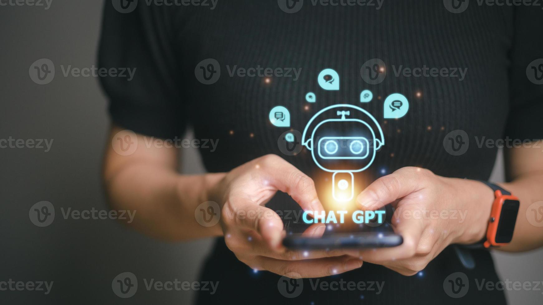 Digital chatbot, chat GPT, robot application, conversation assistant, AI Artificial Intelligence concept. Man using mobile smart phone, with digital chatbot on virtual screen photo