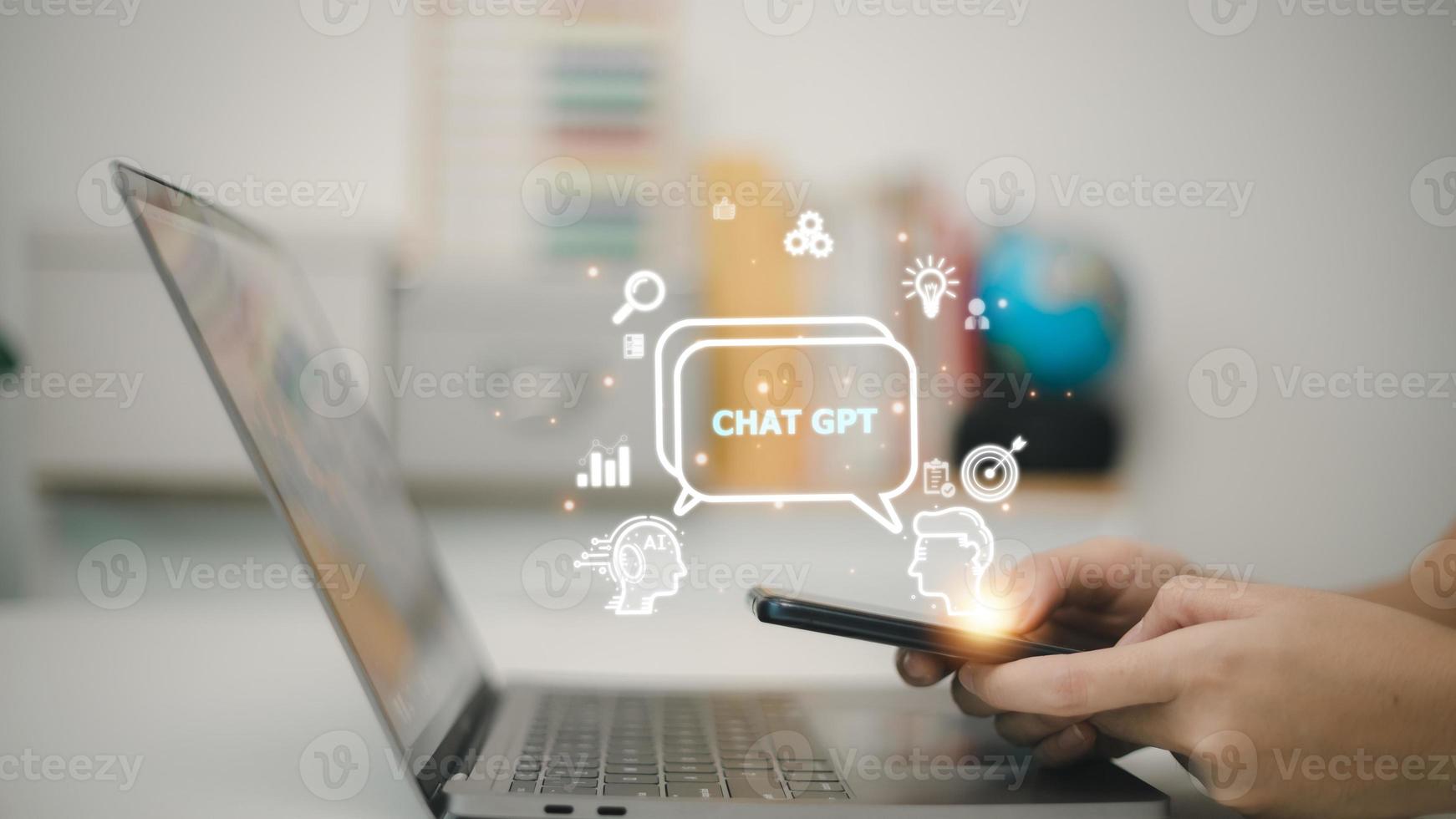 ChatGPT Chat with AI or Artificial Intelligence. woman chatting with a smart AI or artificial intelligence using an artificial intelligence chatbot developed by OpenAI. photo