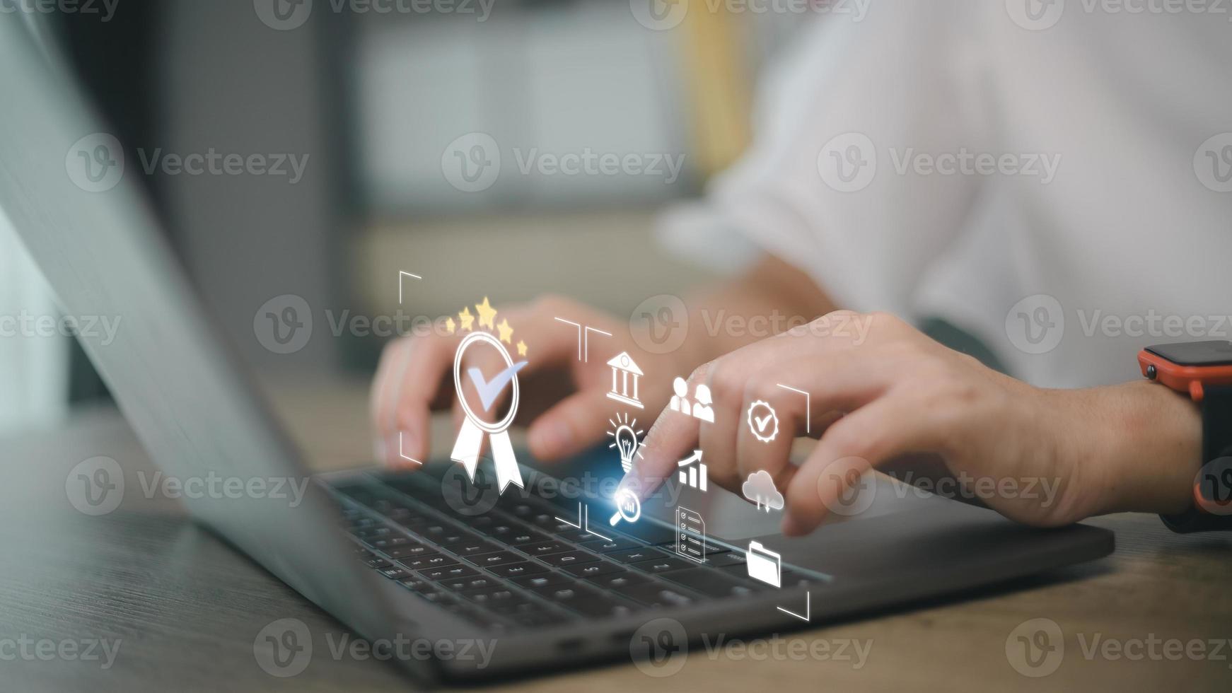Business people working with computers and smartphones A symbol of top service ISO Certification Document Management System Quality assurance. photo