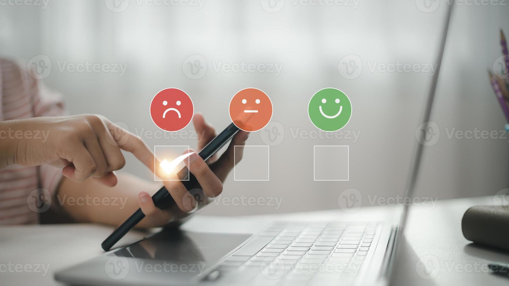 Customer Experience dissatisfied Concept, Unhappy Businessman Client with Sadness Emotion Face on smartphone screen, Bad review, bad service dislike bad quality, low rating, social media not good. photo