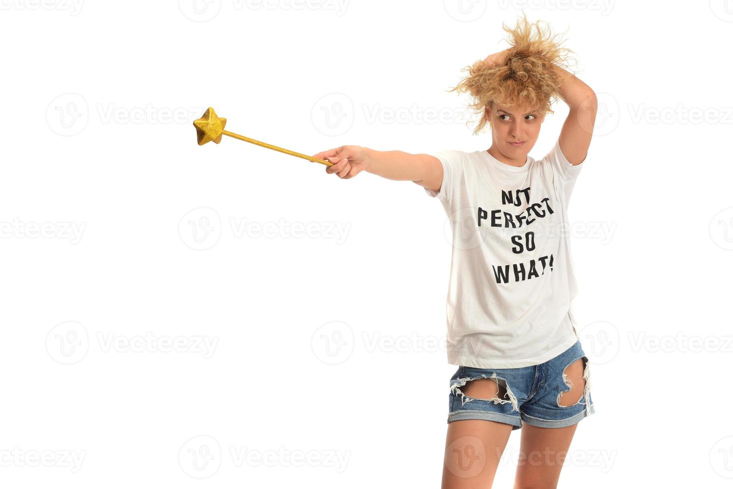 happy beautiful blonde women holding fairy gold star wand photo