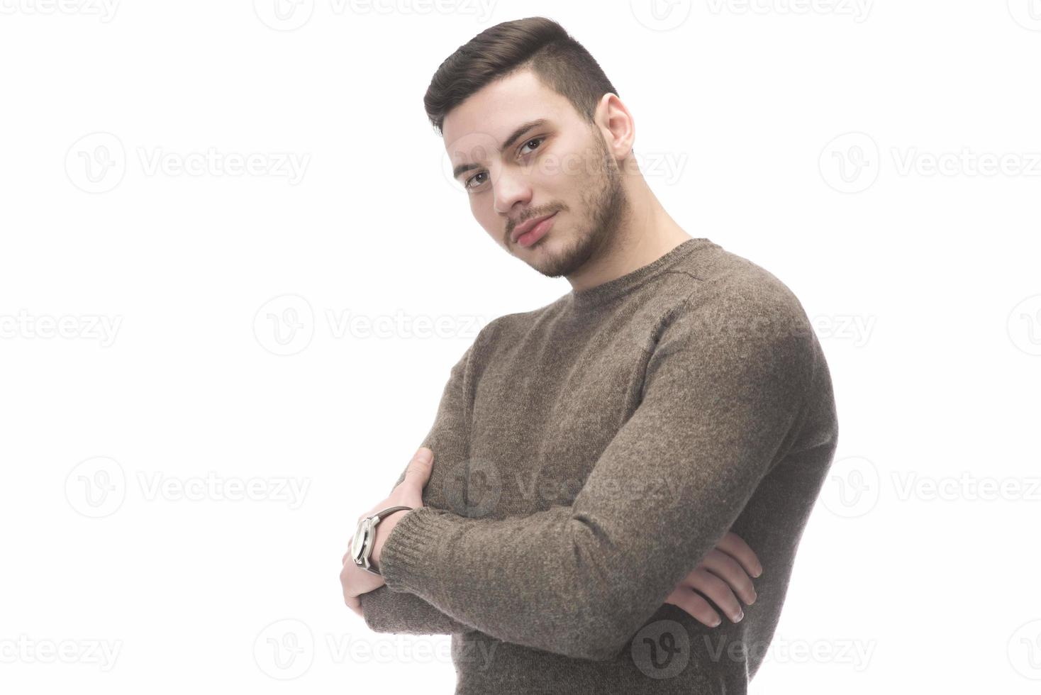 man happy smile standing hand pointing to empty space on white background. photo