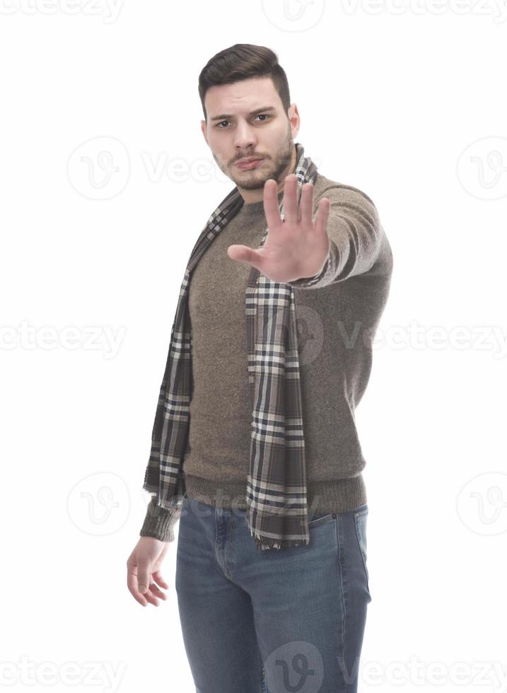 man happy smile standing hand pointing to empty space on white background. photo