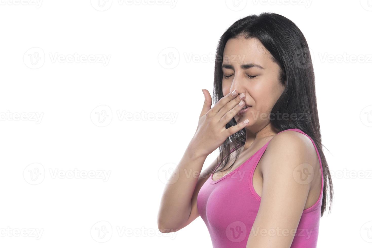 Tooth Pain And Dentistry. Beautiful Young Woman Suffering From Terrible Strong Teeth Pain, Touching Cheek With Hand. photo