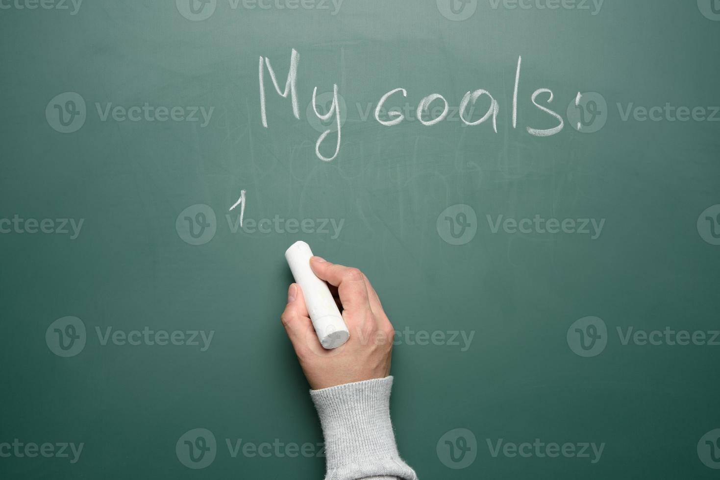 hand holds a white piece of chalk on the background of a chalk board with the inscription my goal photo