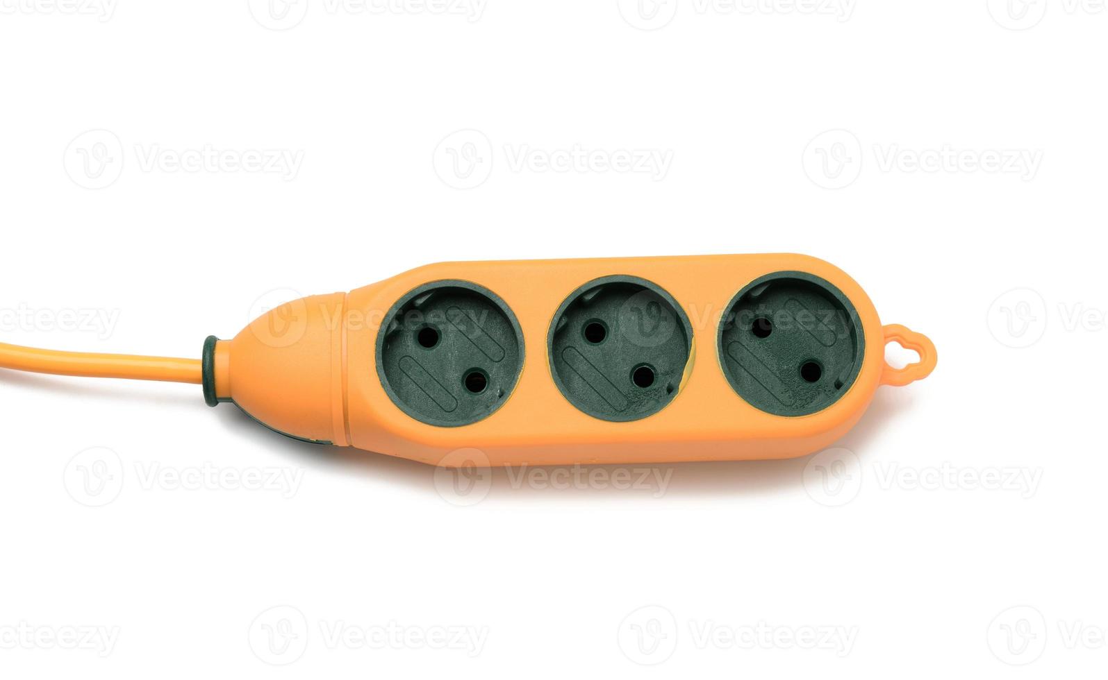 rubber orange power strip with three sockets isolated on white background photo