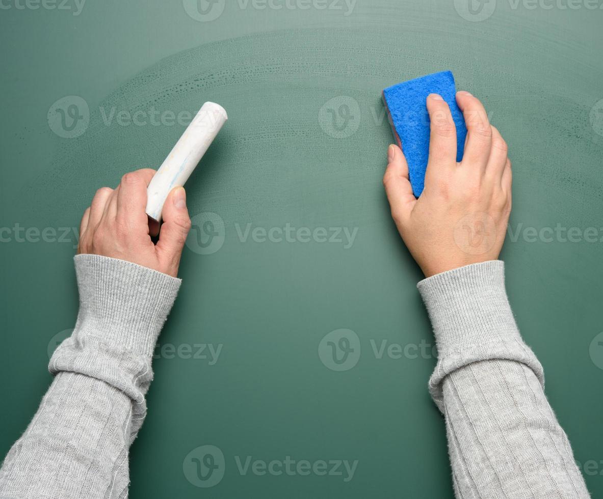 hand holds a piece of white chalk on the background of an empty green chalk board photo