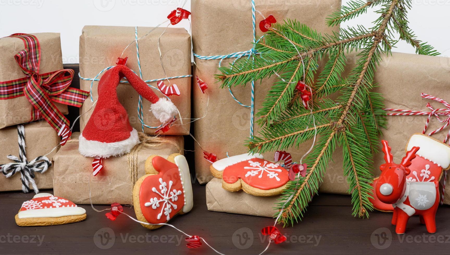 gift box and baked Christmas gingerbread cookie photo