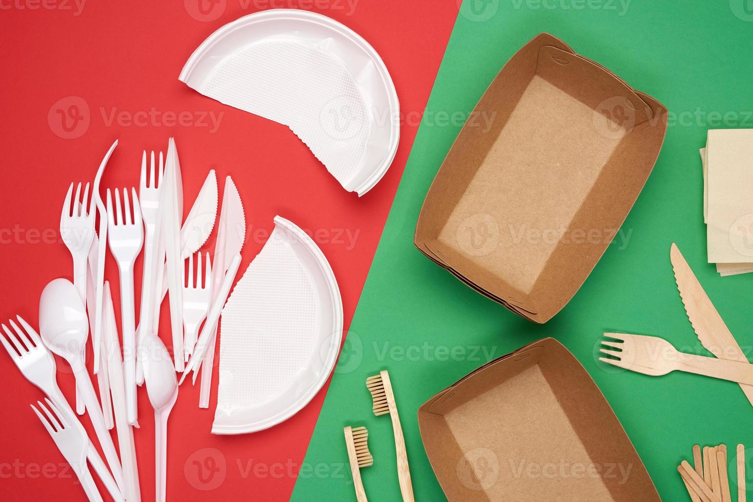 non-degradable plastic waste from disposable tableware and a set of dishes from environmental recycled materials photo