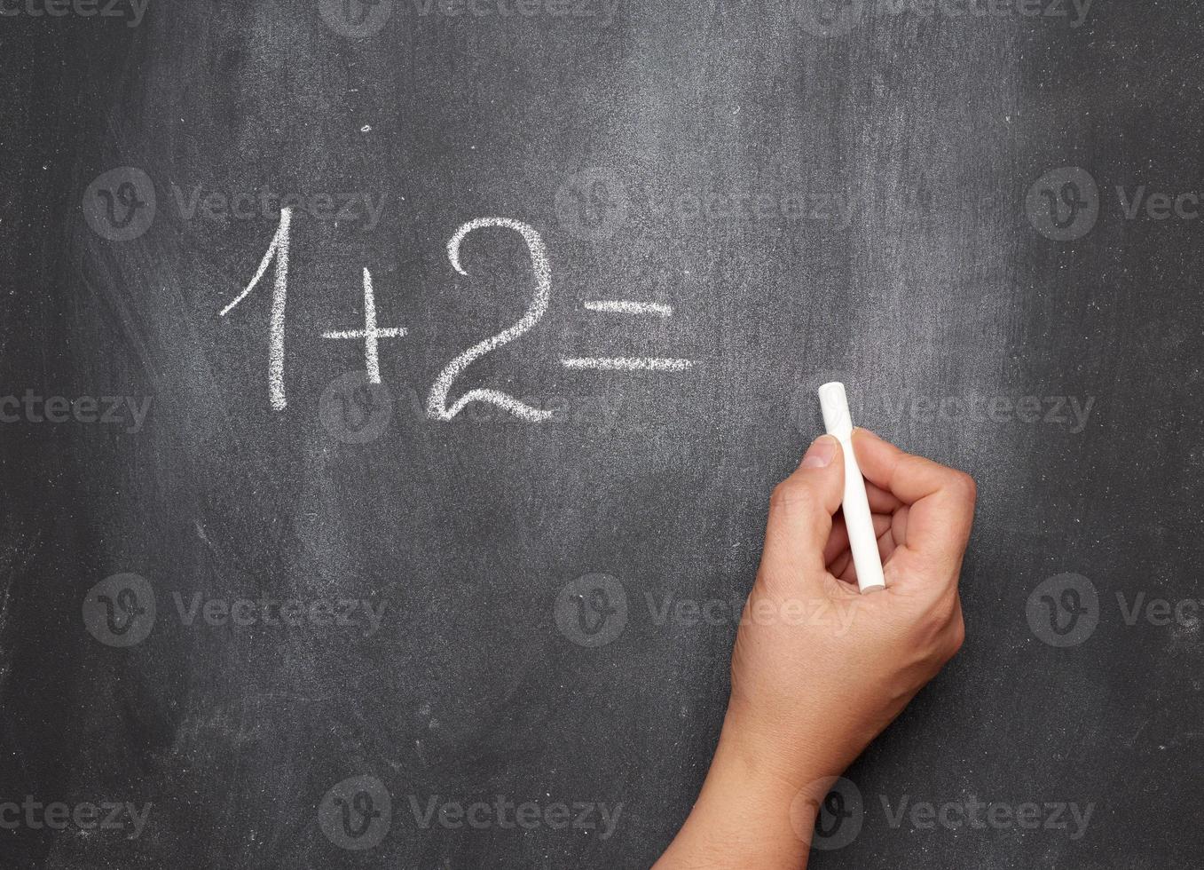 math example written in white chalk on a black chalk board and a woman's hand with white chalk photo