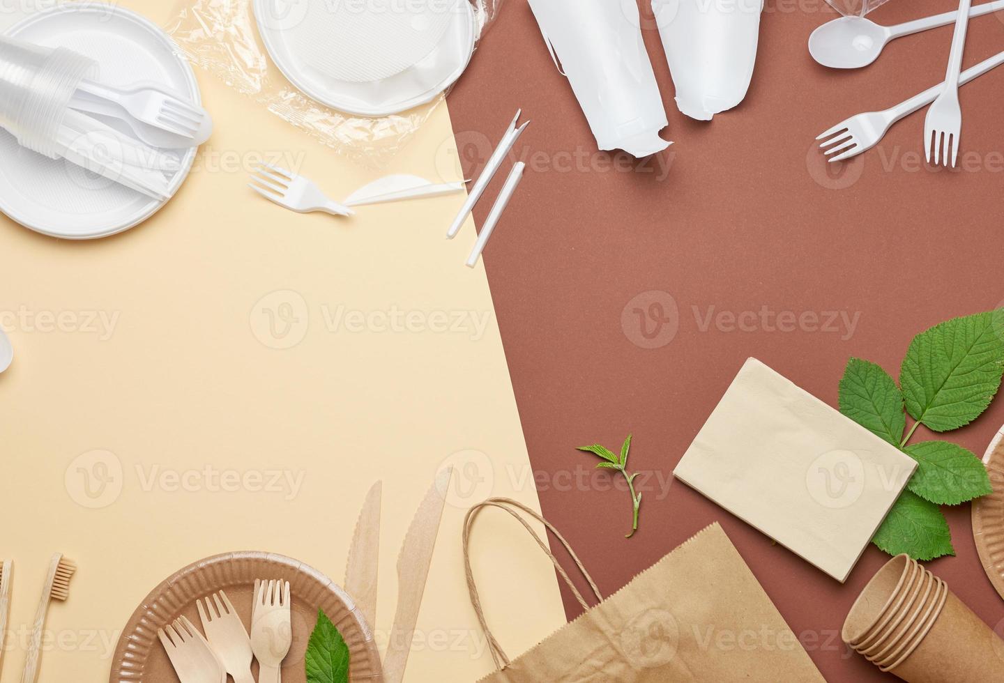 non-degradable plastic waste from disposable tableware and a set of dishes from environmental recycled materials photo