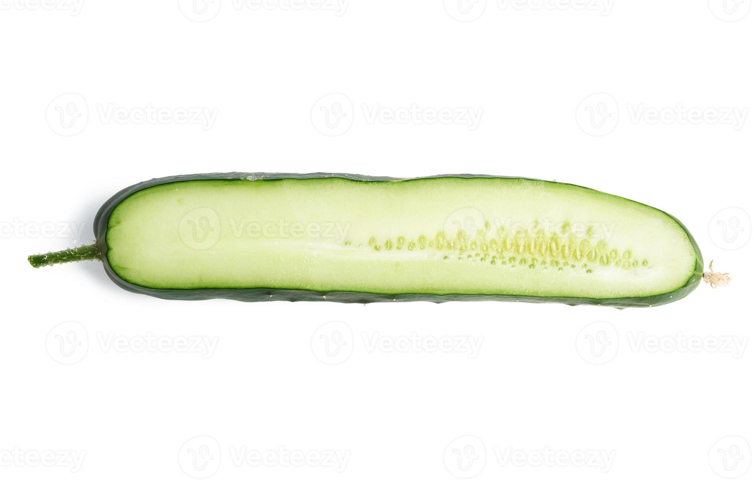 half green cucumber isolated on white background, top view photo