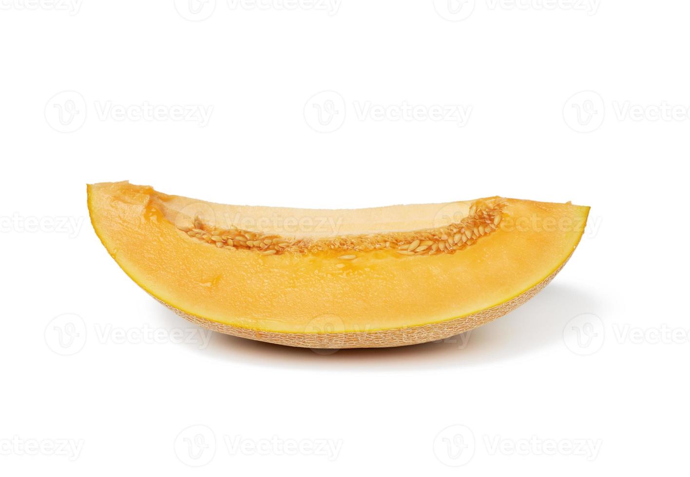 piece of ripe melon with seeds, orange pulp, fruit isolated on white background photo