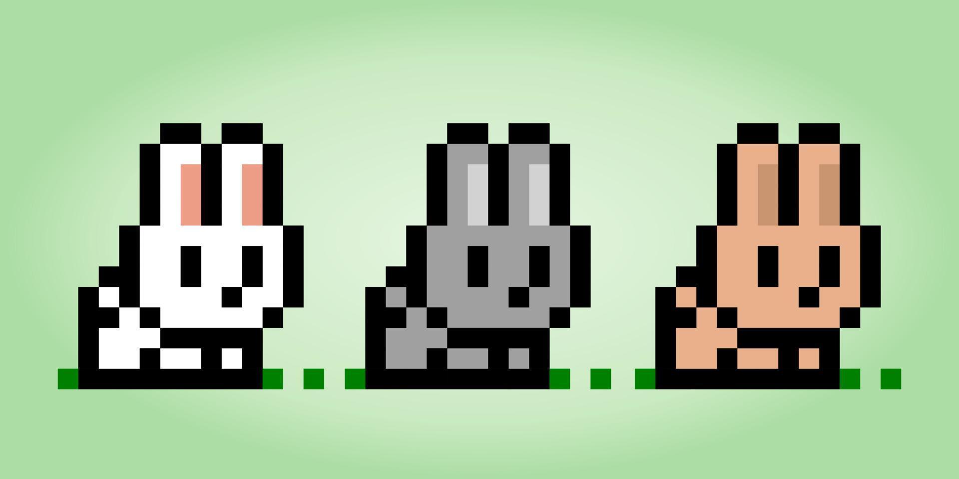 Conejo de píxeles de 8 bits de tres colores. animales para activos de juego y patrones de punto de cruz en ilustraciones vectoriales. vector