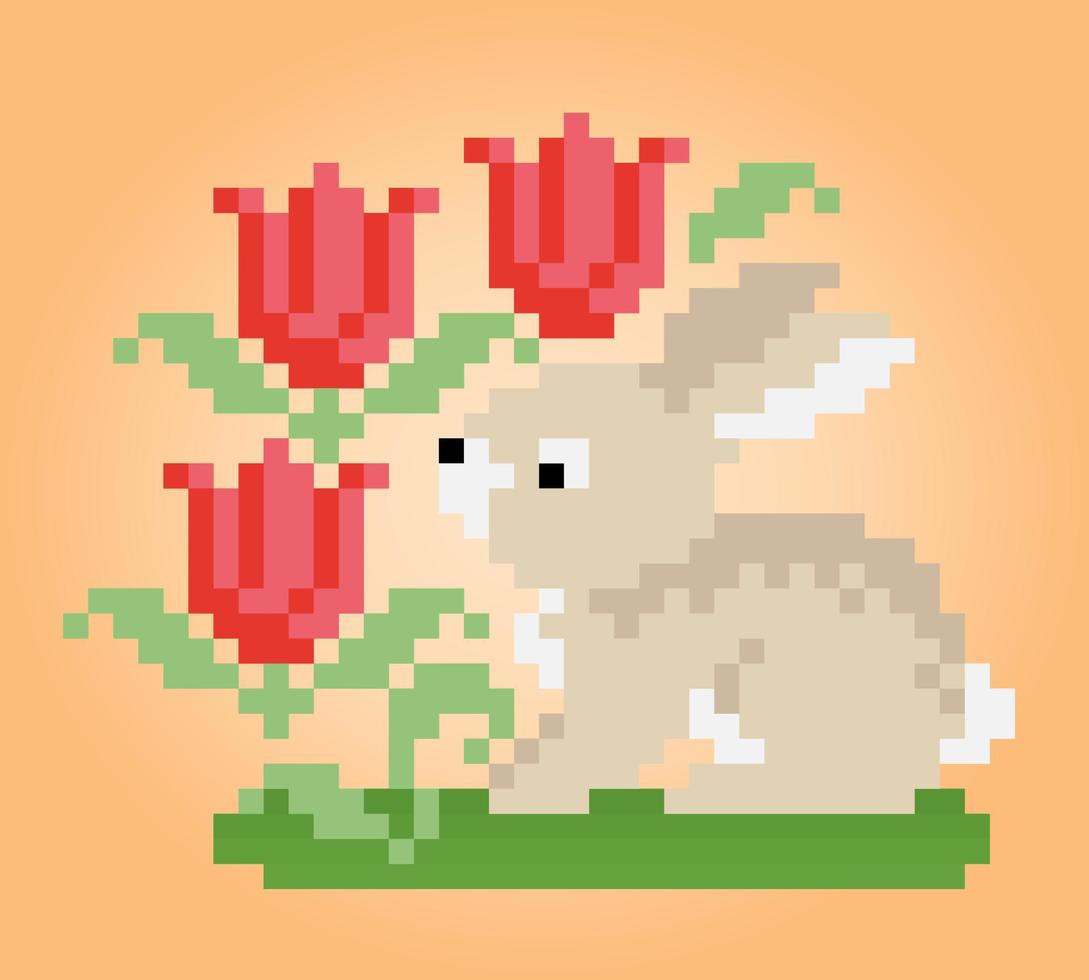 Conejo y flores de píxeles de 8 bits. animales para activos de juego y patrones de punto de cruz en ilustraciones vectoriales. vector