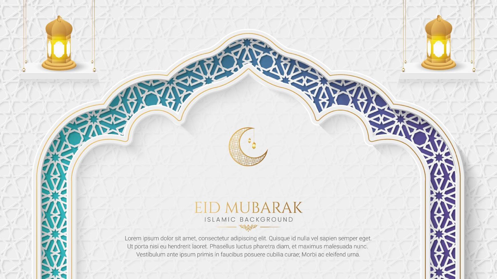 eid mubarak árabe islámico elegante fondo ornamental de lujo blanco y dorado con patrón árabe y marco de arco decorativo vector