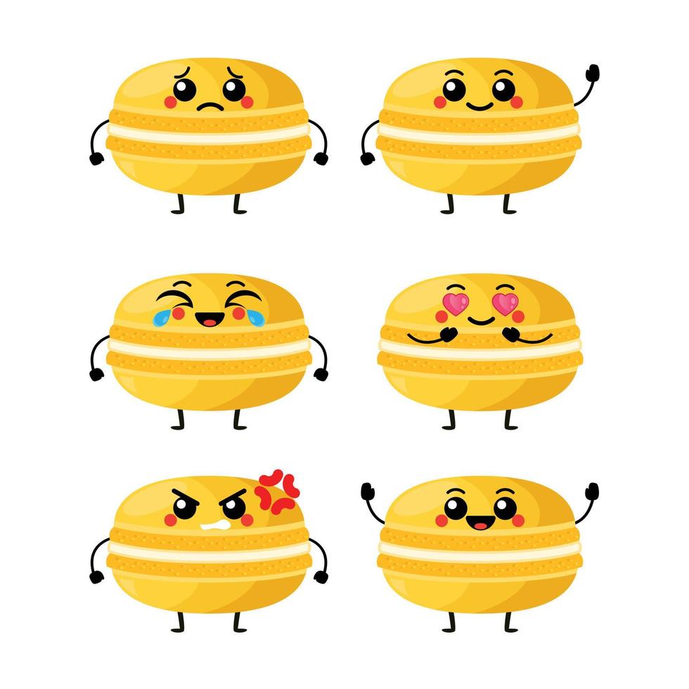 ilustración vectorial de personajes de macarrones lindos kawaii. juego de caracteres. emoticono, mascota, personaje de macarrones, objeto aislado. vector