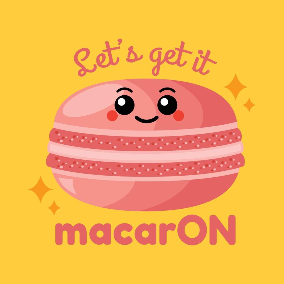 ilustración vectorial de macarons divertidos kawaii. objetos aislados de macarrones. diseño para menú de cafetería, impresión infantil, pegatina, afiche, tarjeta de felicitación. vector