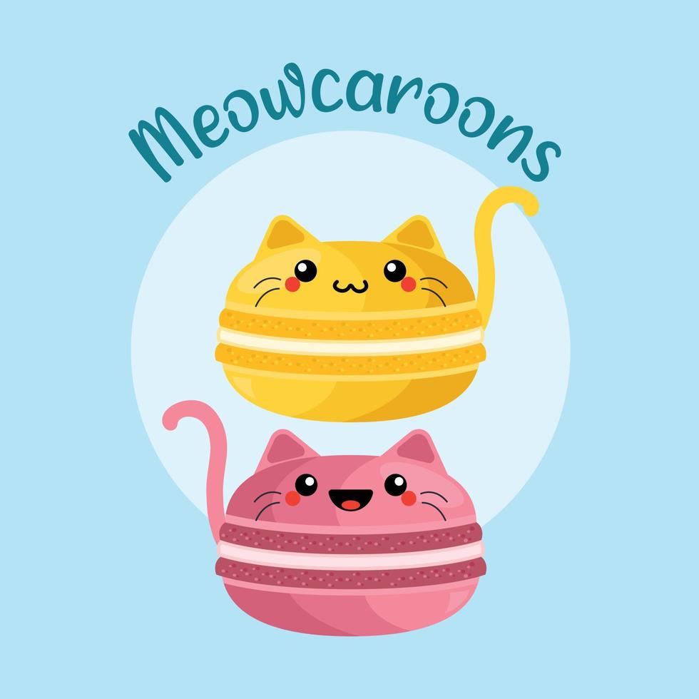 ilustración vectorial de macarons divertidos kawaii con orejas de gato y cara. objetos aislados de macarrones. diseño para menú de cafetería, impresión infantil, pegatina, afiche vector