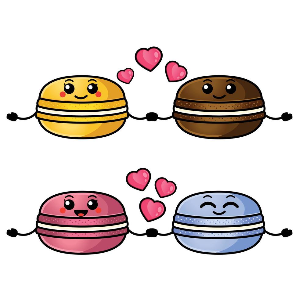 personajes de macarons de pareja de vectores. lindos macarrones están tomados de la mano. conjunto de caracteres para la tarjeta del día de san valentín. vector