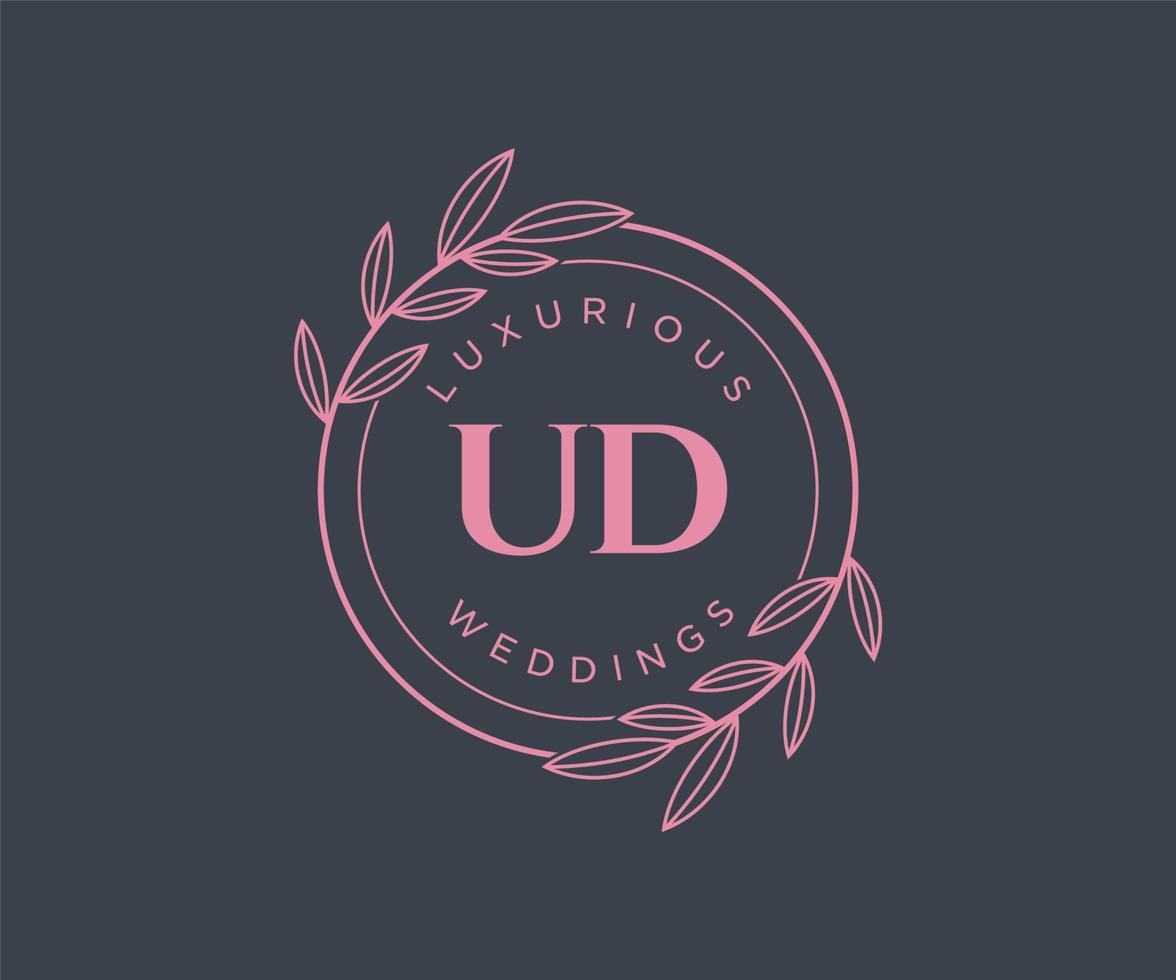 Plantilla de logotipos de monograma de boda con letras iniciales ud, plantillas florales y minimalistas modernas dibujadas a mano para tarjetas de invitación, guardar la fecha, identidad elegante. vector