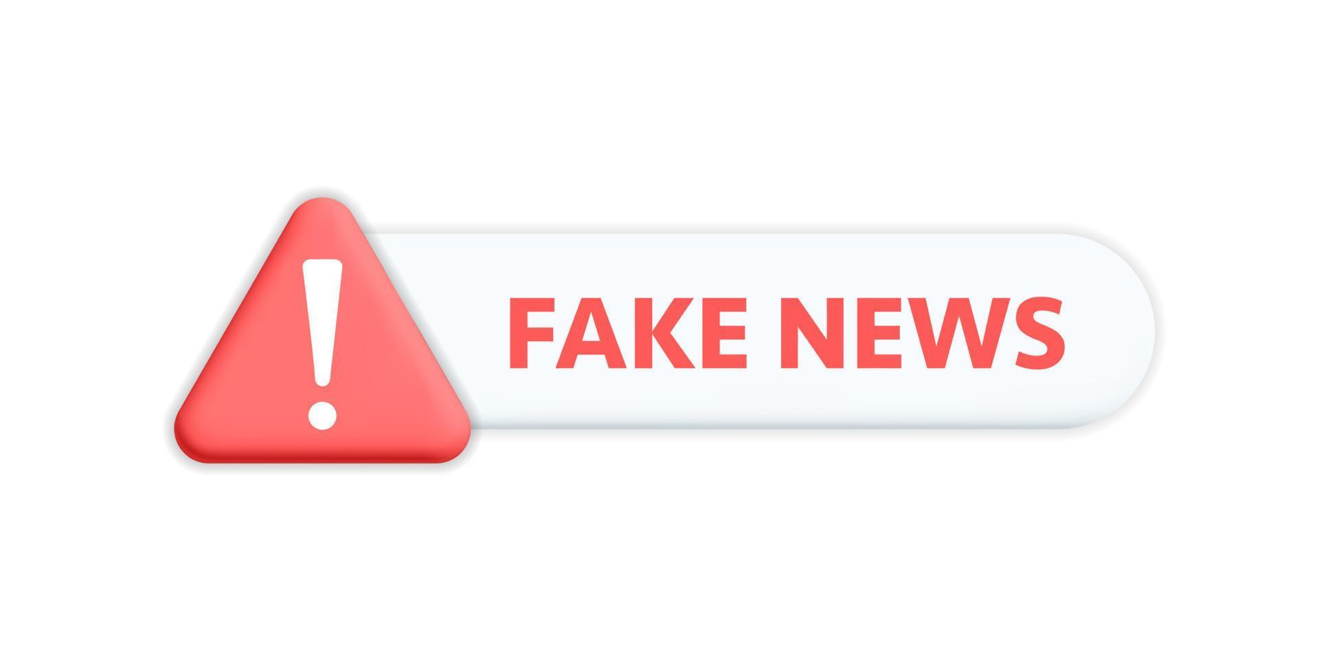 3d vector fake news text on white round bubble box and red alert danger hazard exclamation triangle signs badge ui element design