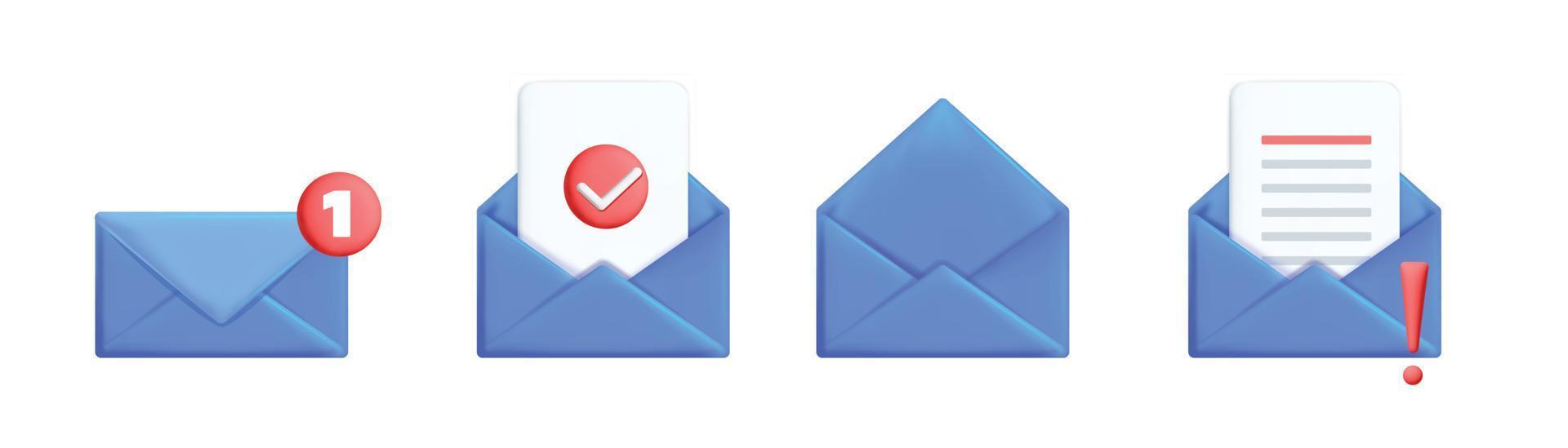 Collection of 3d vector cartoon render blue mail envelope icons for subscribe newsletter web element design