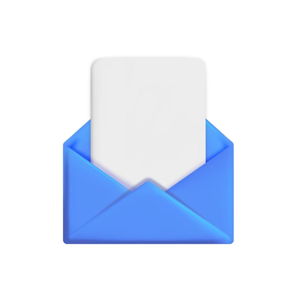 3d realistic vector blue open email envelope icon with blank peace of