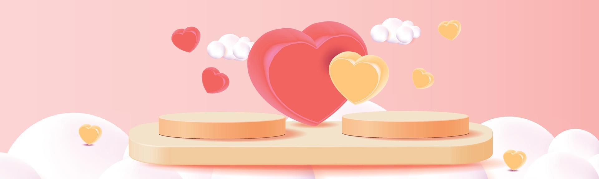 3d podium red product background for valentine.pink and heart love romance concept design vector illustation decoration banner