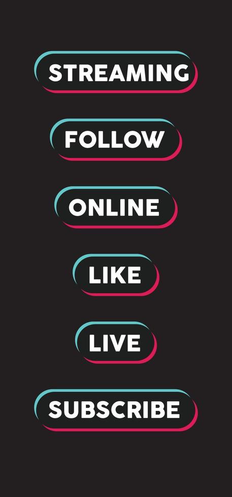 Botones de llamada a la acción de las redes sociales tiktok. transmisión en vivo en línea, seguir, dar me gusta y suscribirse. vector