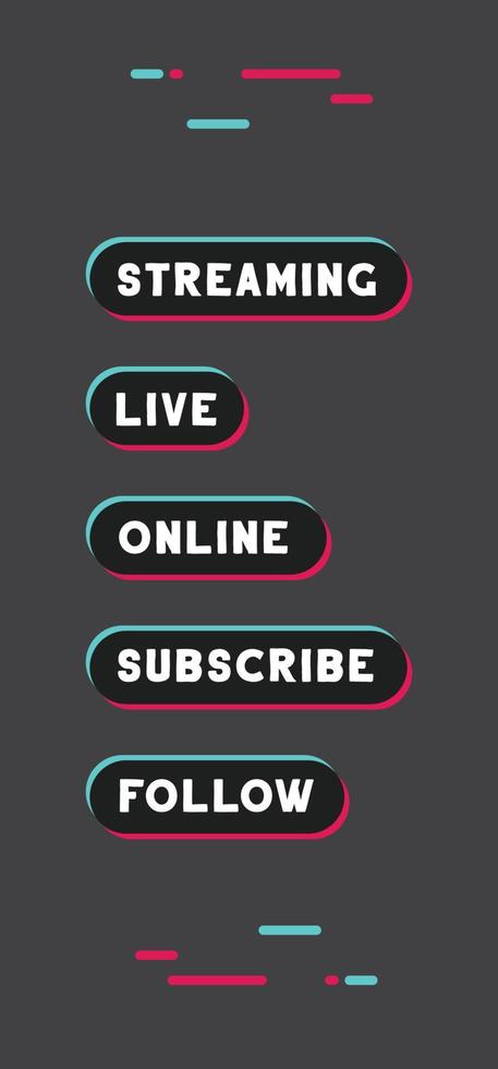 Tiktok social media call to action buttons. Streaming live online, follow, like and subscribe. vector